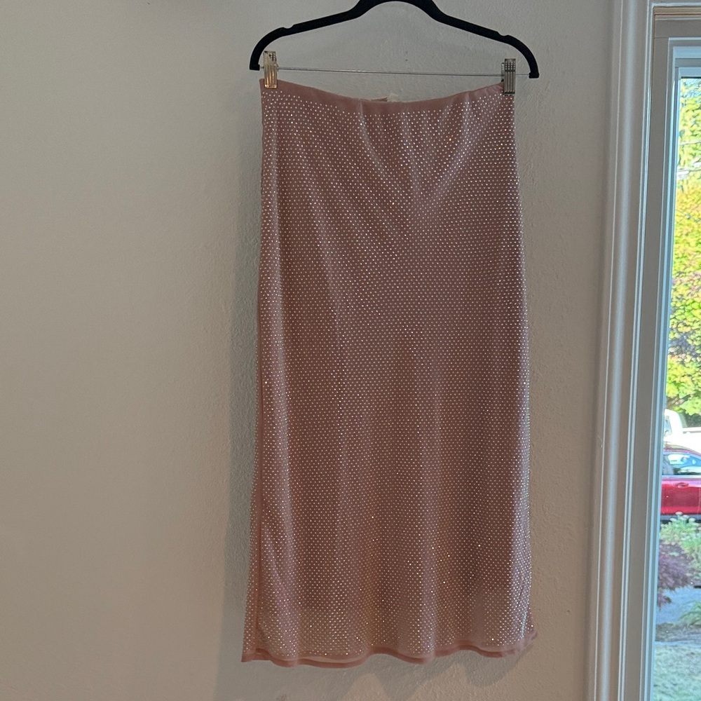Embellished Blush Satin Midi Slip Skirt